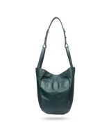 Multi-position bag with outer pockets, short handles and long adjustable strap. Green leather