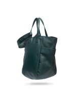 Multi-position bag with outer pockets, short handles and long adjustable strap. Green leather