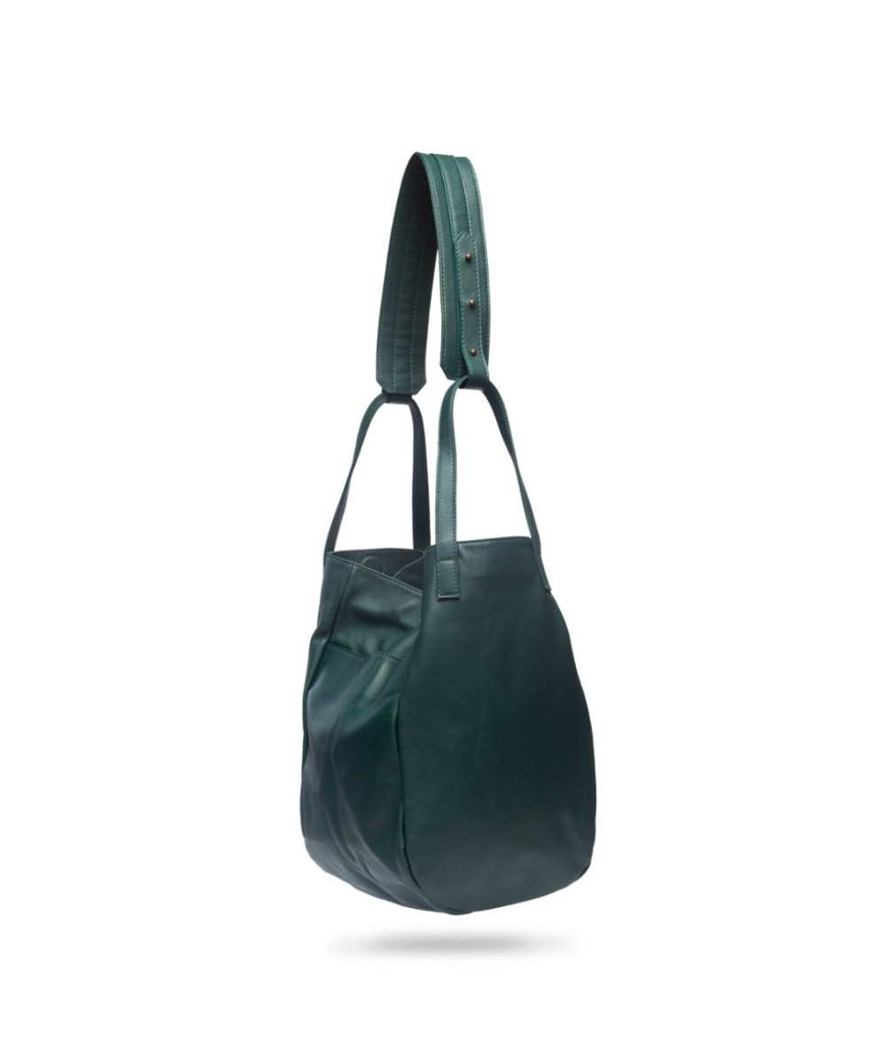 Multi-position bag with outer pockets, short handles and long adjustable strap. Green leather