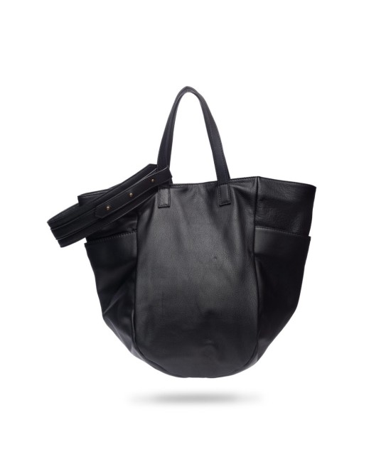 Multi-position bag with outer pockets, short handles and long adjustable strap. Black skin