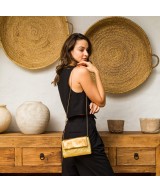 Party bag convertible into a clutch made of two types of metallic leather engraved in gold fantasy. Gold chain.