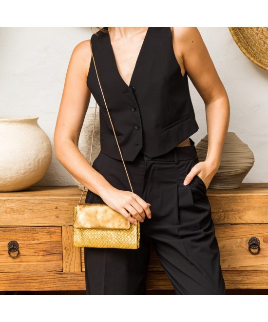 Party bag convertible into a clutch made of two types of metallic leather engraved in gold fantasy. Gold chain.