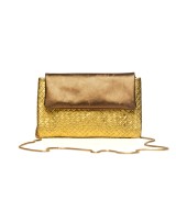 Party bag convertible into a clutch made of two types of metallic leather engraved in gold fantasy. Gold chain.
