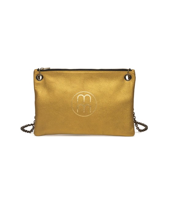 Flat metallic leather shoulder bag and chain for hanging.