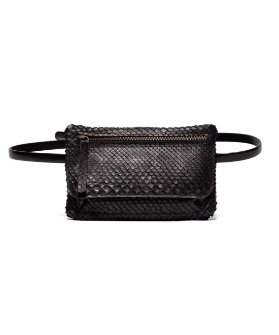 Black genuine python leather belt bag
