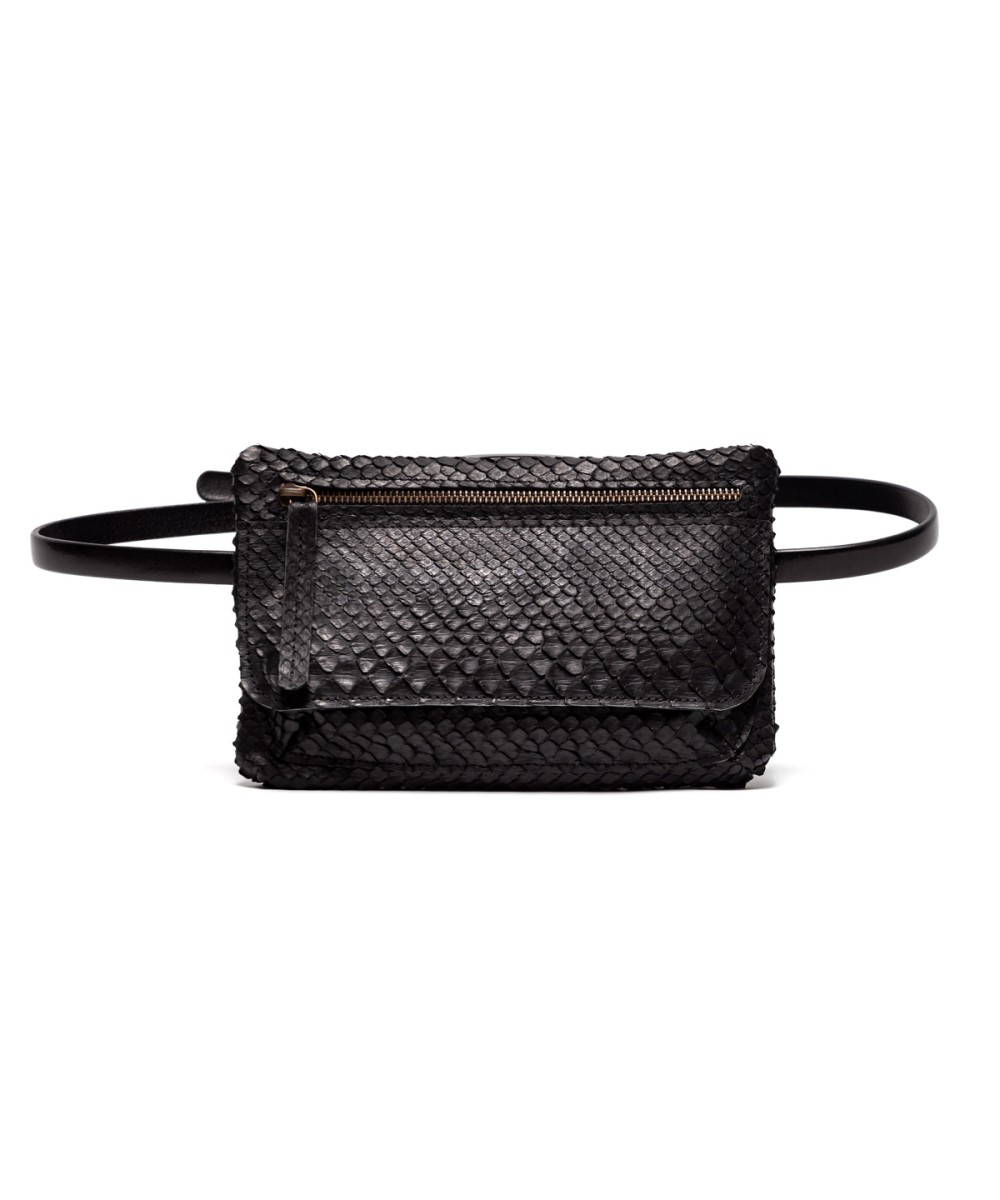 Black genuine python leather belt bag